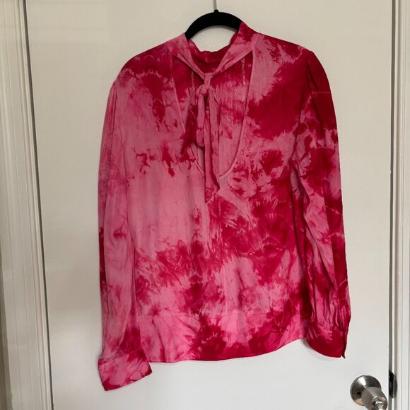 Frame Denim Le Back Tie Pleated Blouse Pink Tie Dye 100% Silk Large - Picture 2 of 4
